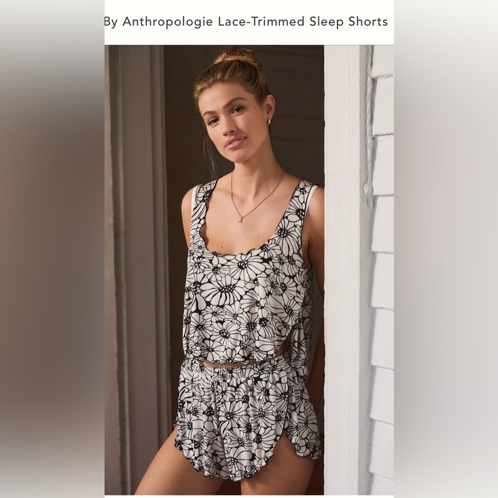 Anthropologie Black & White Floral Lace-Trim Sleep Set